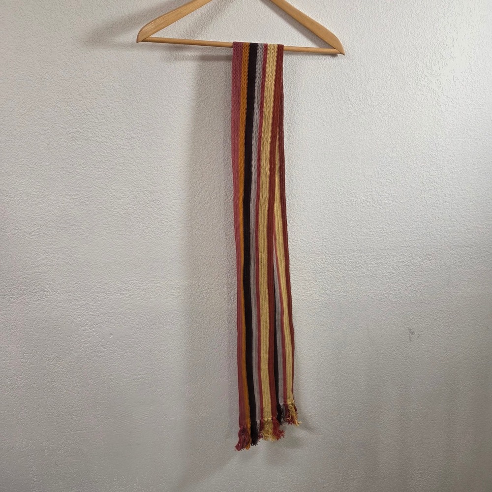 Vintage 70s Style Crochet Skinny Scarf Multicolor Vertical Stripe Tassel Fringe